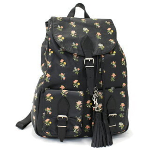 Saint Laurent Paris Floral Black Leather Backpack - Picture 1 of 8